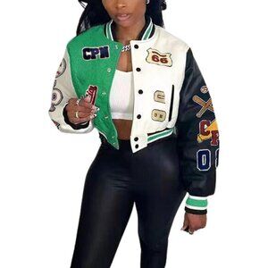 Women's Varsity Jacket with Patches Print Cropped Bomber Leather Jacket A-Green